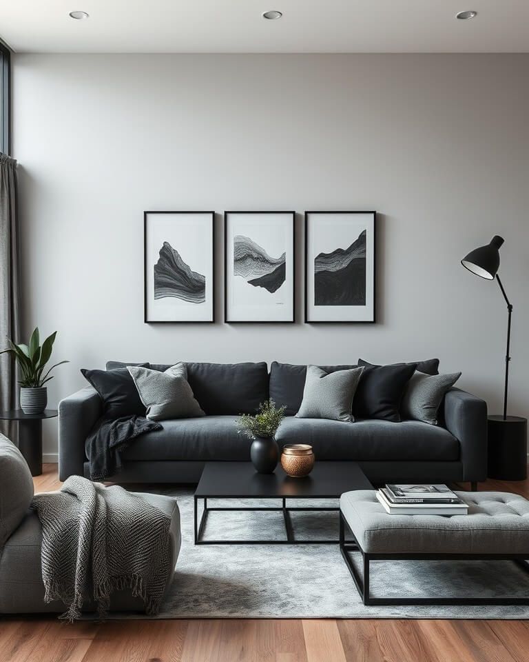 A grey living room with sofa and throw with pillow and wooden floor with rug on it 