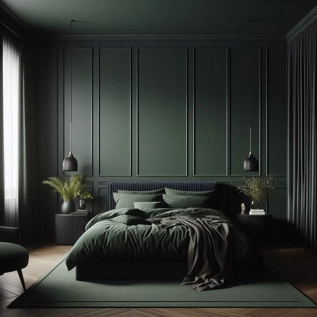 A black and green bedroom with black wainscoting and wooden floor and windows 