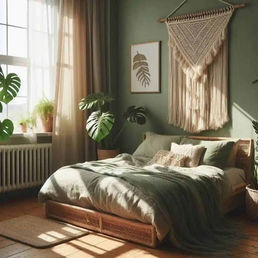 A sage green bedroom with boho accent and wooden floor and bed 