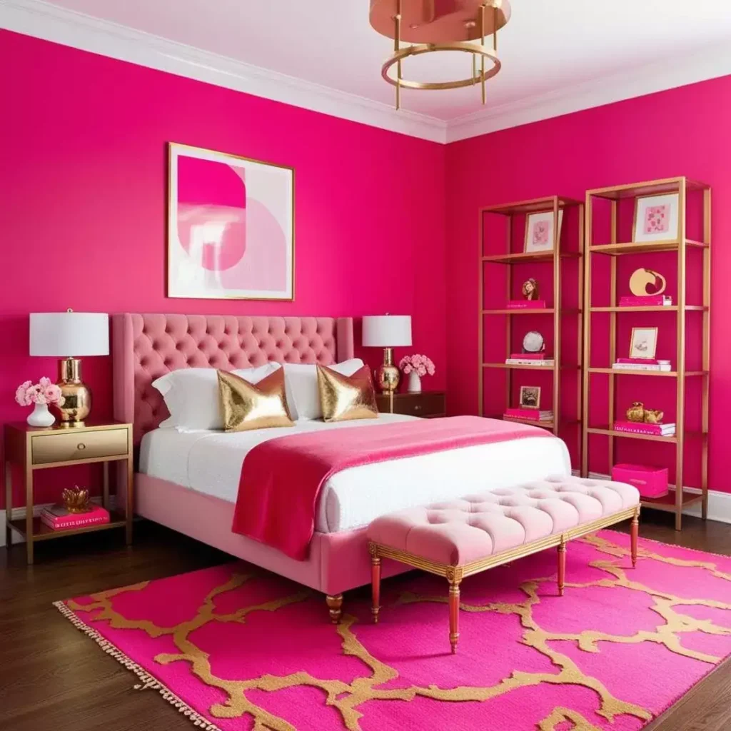A pink bedroom with gold accents and painting on the wall 