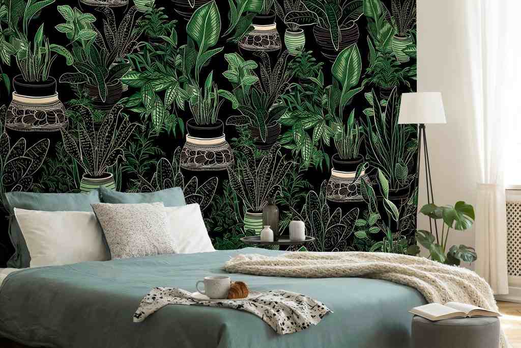 A black and green print on the wall and green bed with pillow 