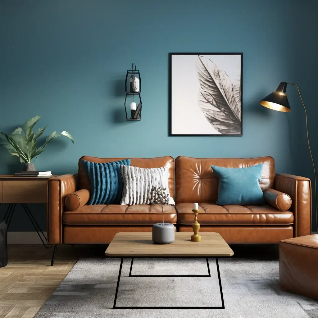 A living room with brown sofa with cushion and table and wooden floor and rug on it 