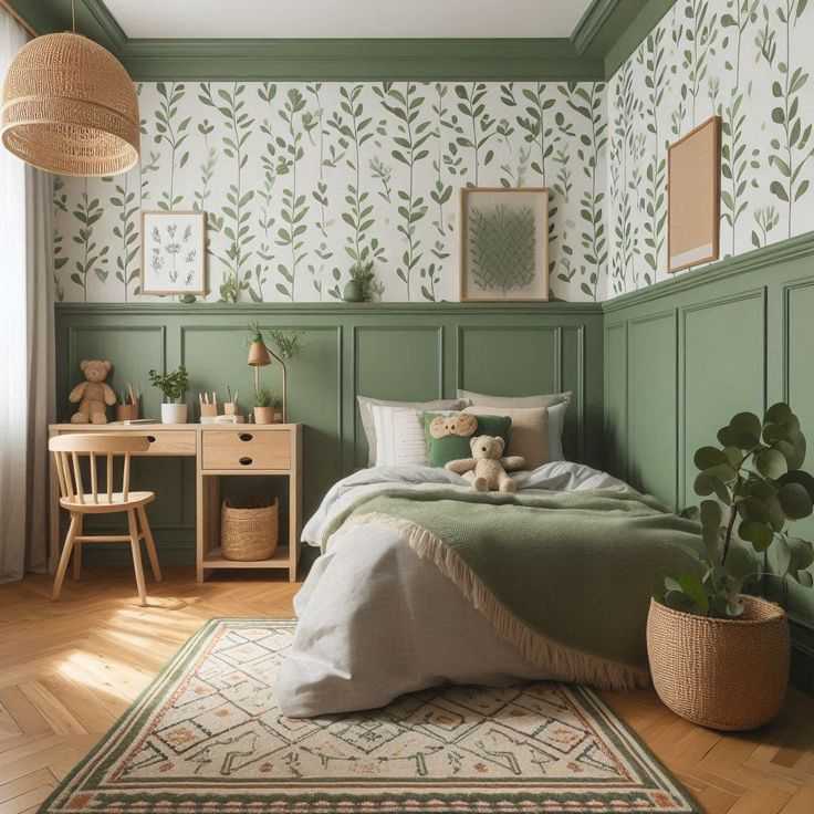 A sage green panel and floral accents and study table and bed and wooden flor 