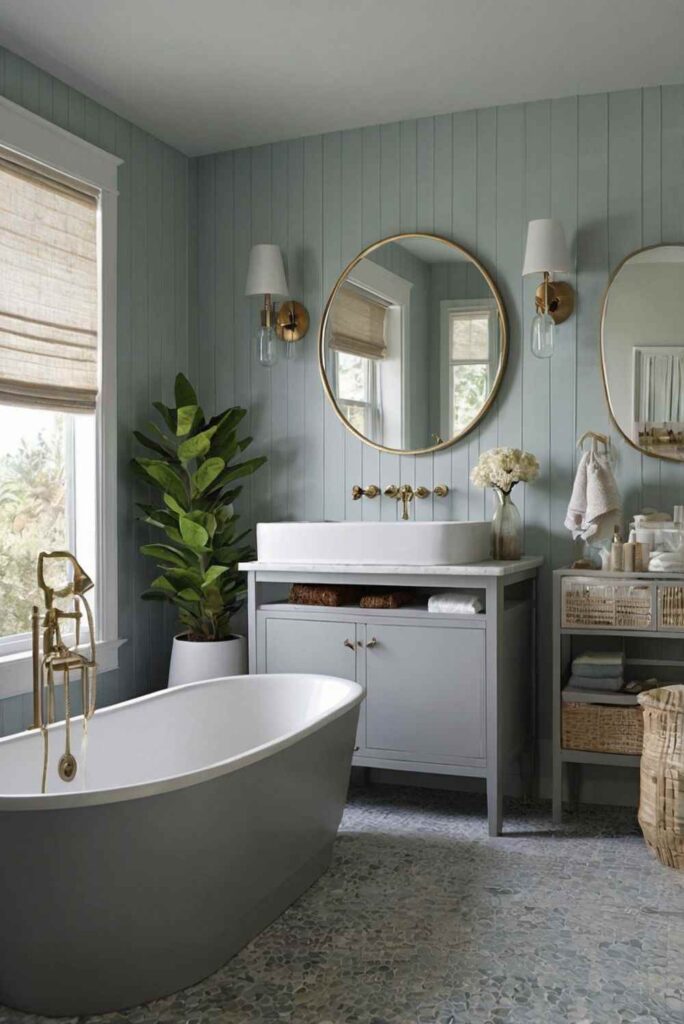 A blue bathroom with grey bathtub and vanity 
