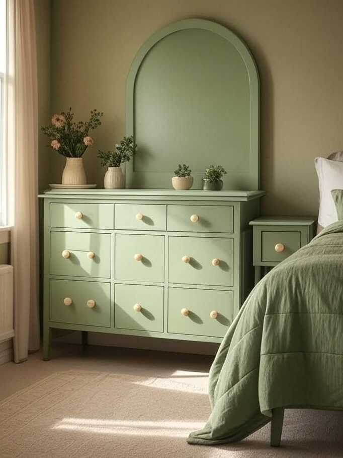 A sage green bedroom with vanity and knobs 