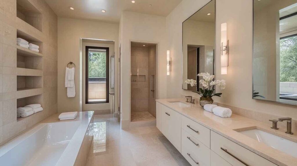 A bathroom with bathtub and white cabinet and mirror on the wall and glass windows 