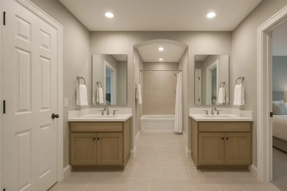 A bathroom with separate wooden vanity 