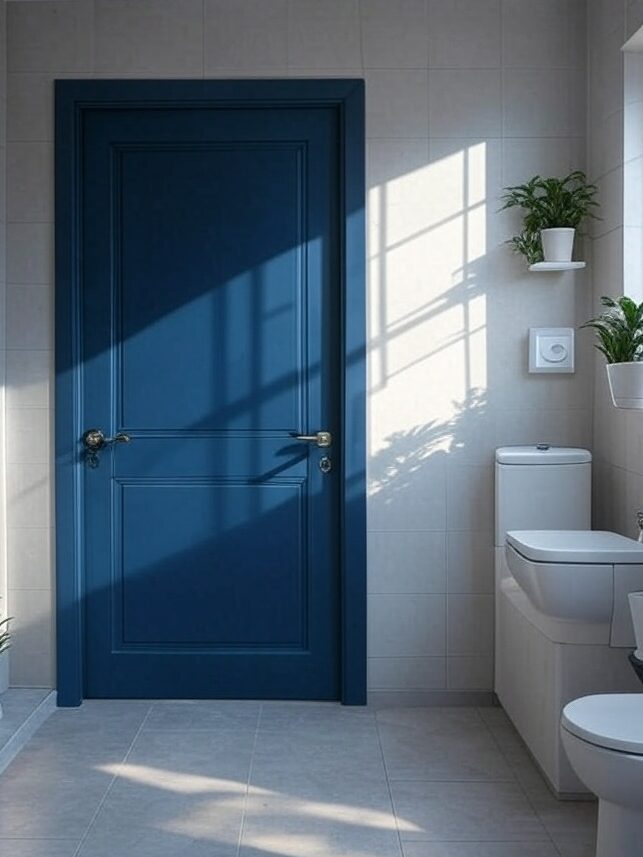 A grey bathroom with blue door 