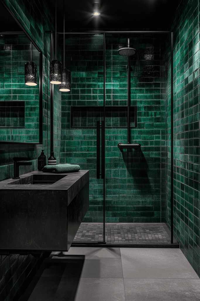 A green bathroom with black glass shower door 