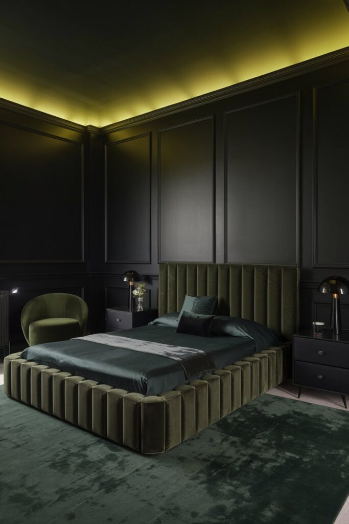 A green bedding with black bedroom and nightstand 