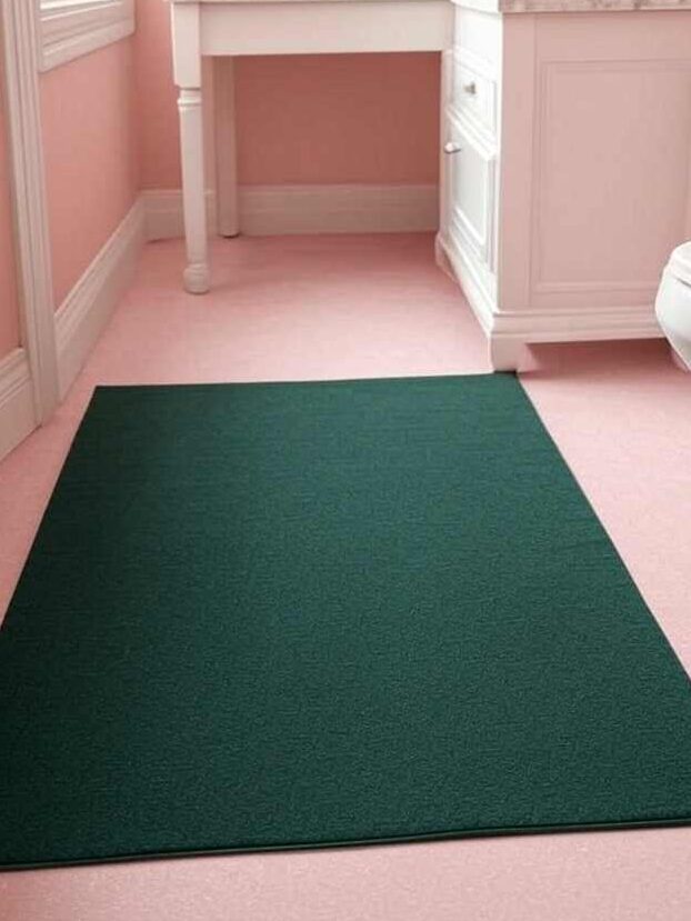 A pink bathroom with green mat on the floor