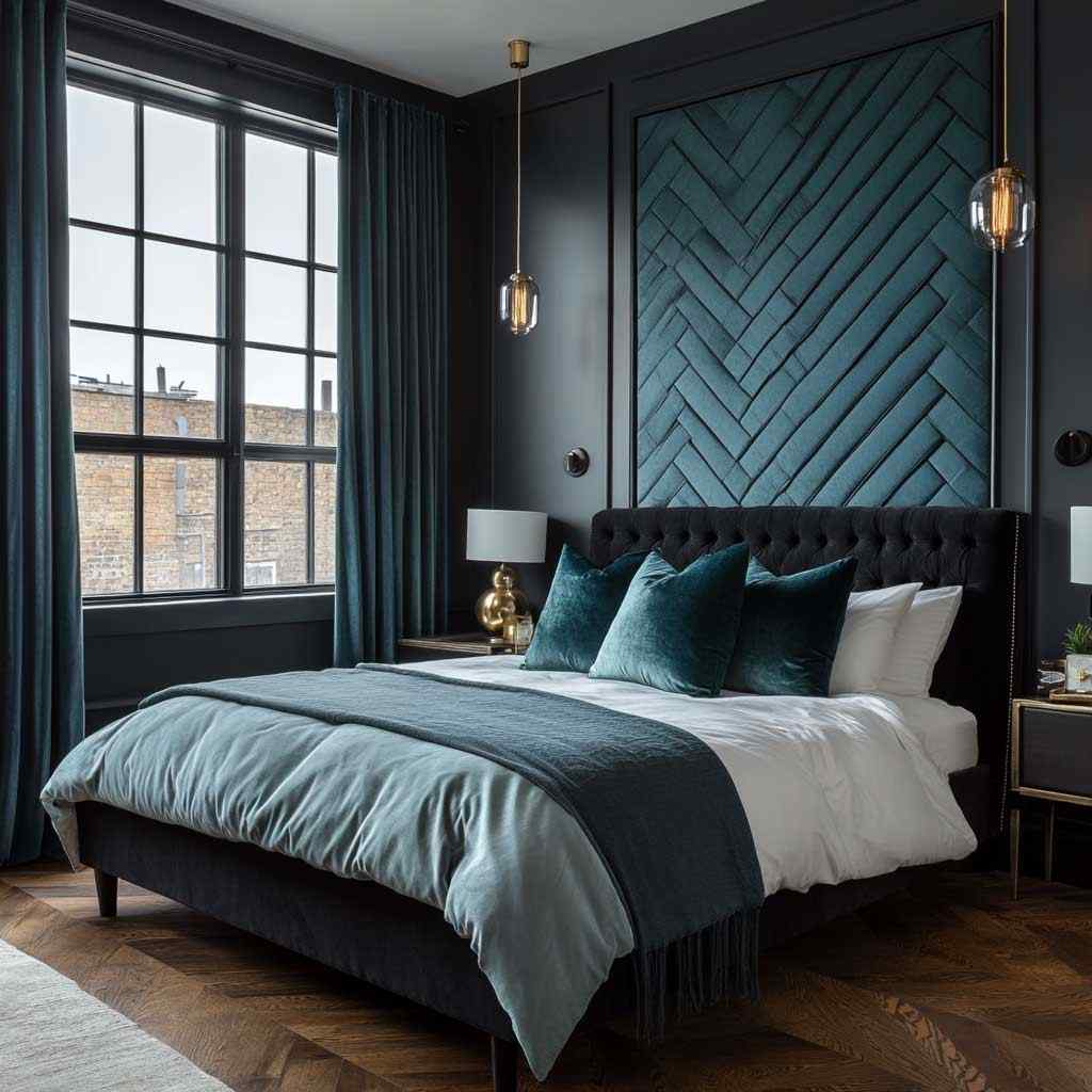 A black bedroom with green panel and glass windows 