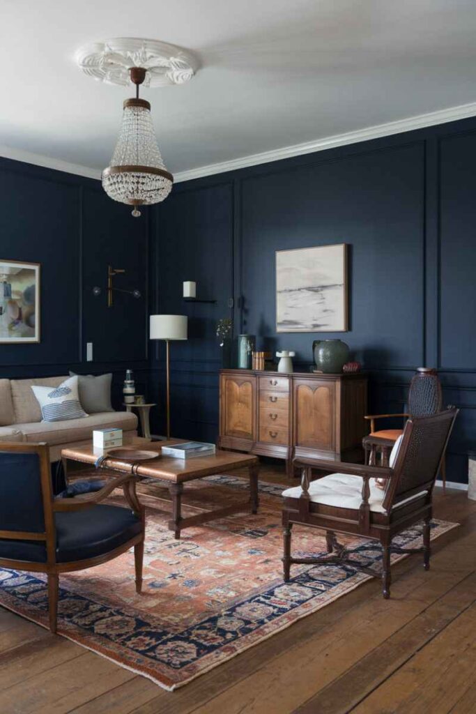 A blue living room with dark wood cabinets and wooden floor and rug on it 