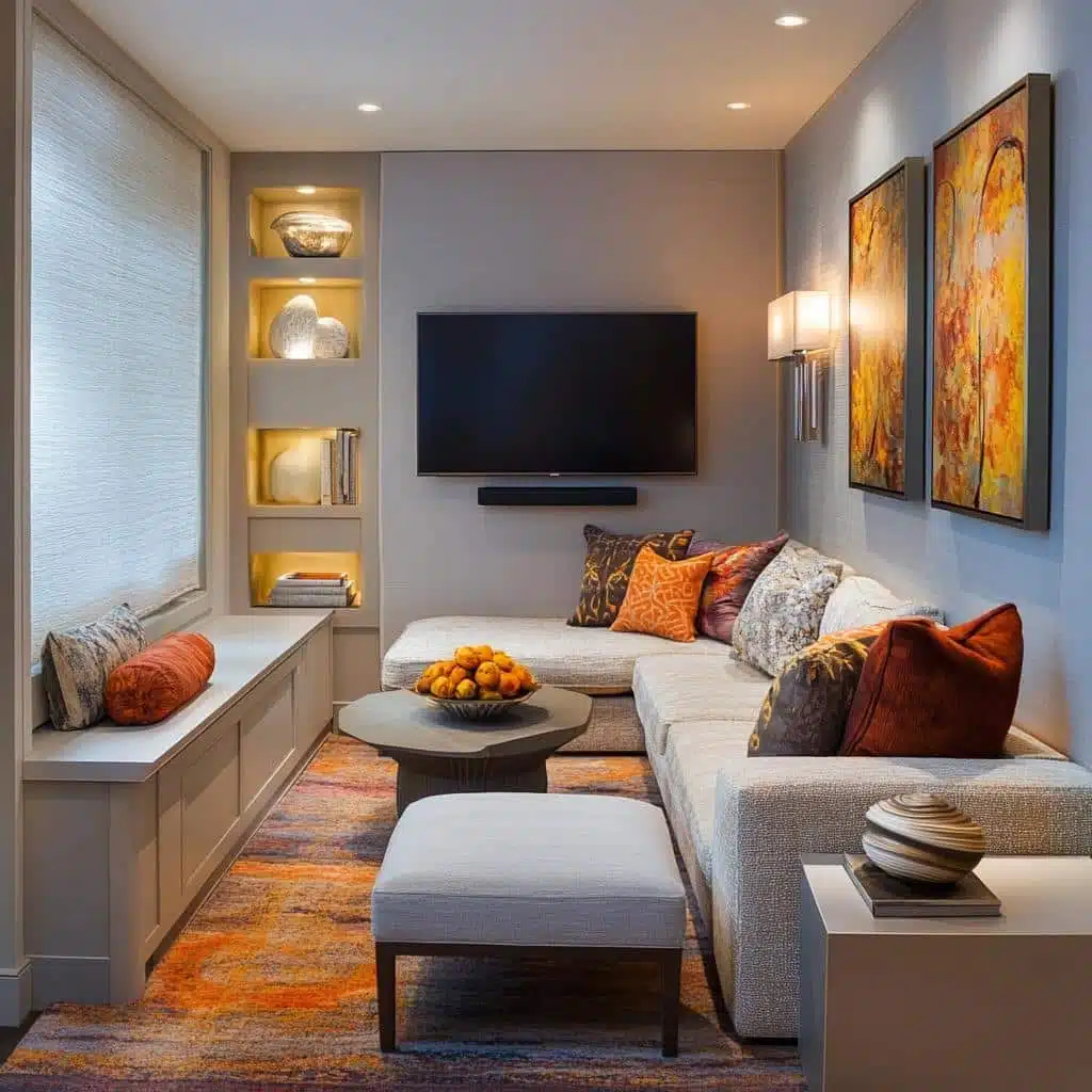 A small living room with tv and light on the wall and painting 