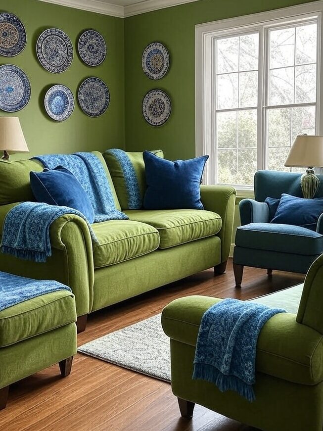 A green and blue living room with decorative plates on the wall and wooden floor 