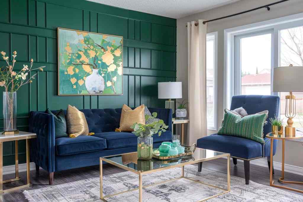 A green wall with blue sofa and cushion on the sofa and windows 