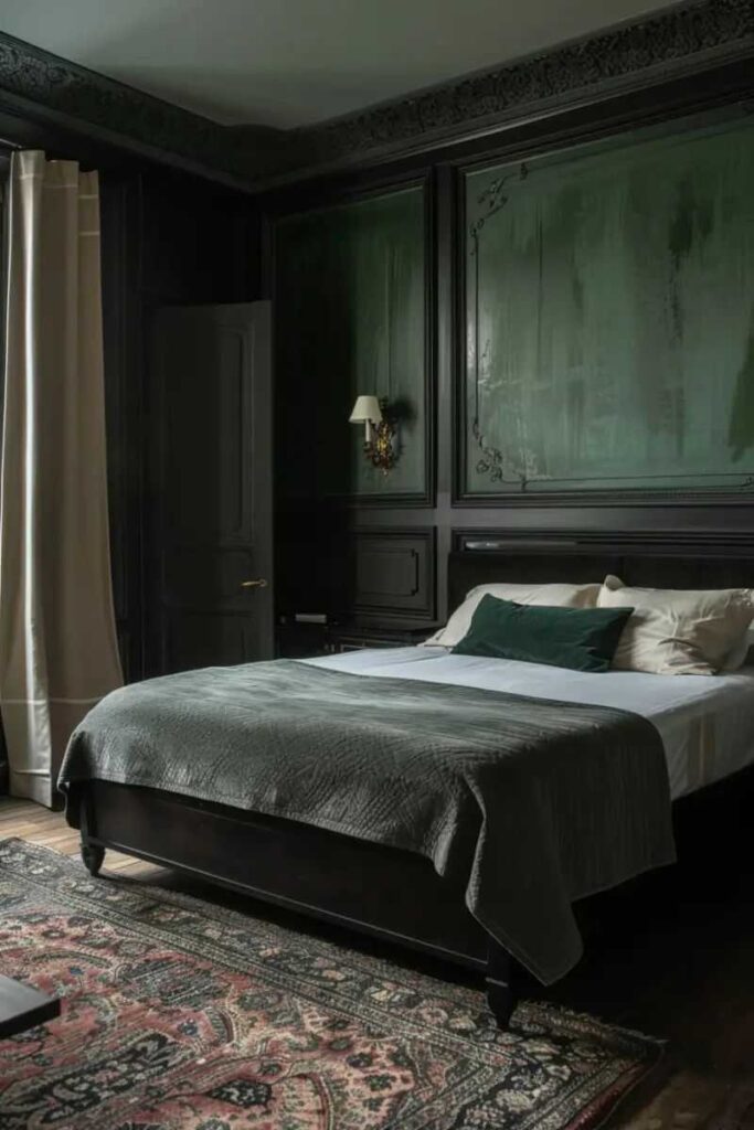 A black and green bedroom with lamp on the wall and bed with white sheet and green and white pillow 
