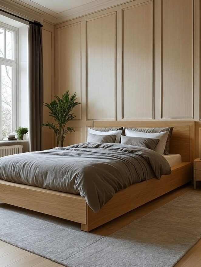 A board and batten bedroom with windows and grey blanket with pillow on the bed 