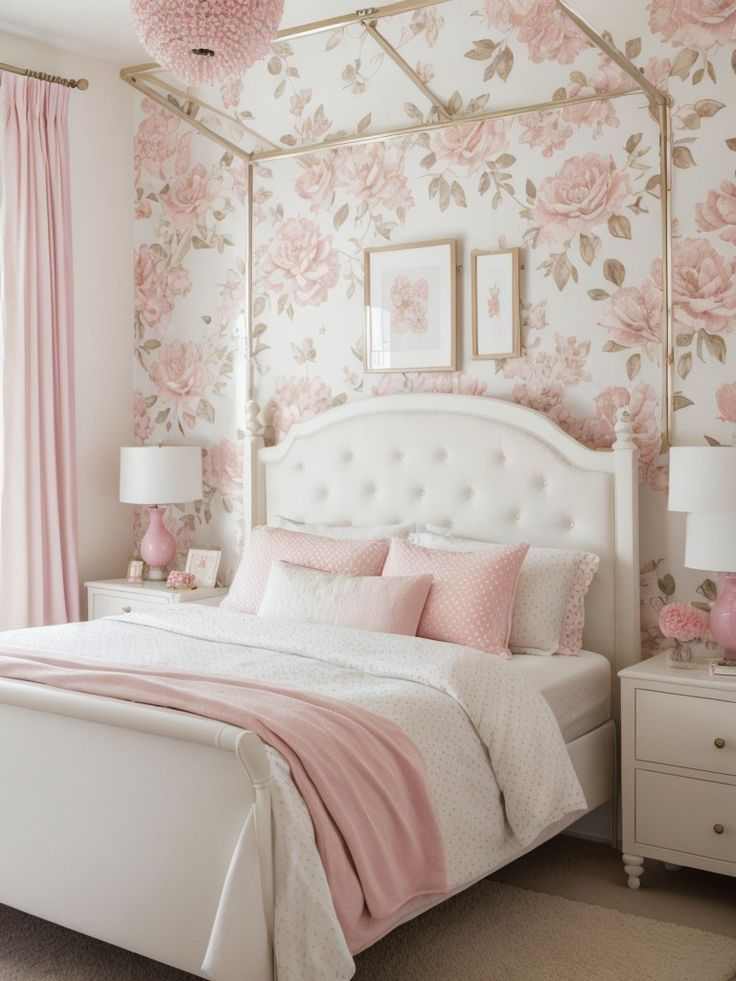 A pink floral wall with white bed with pink pillow and white nightstand 