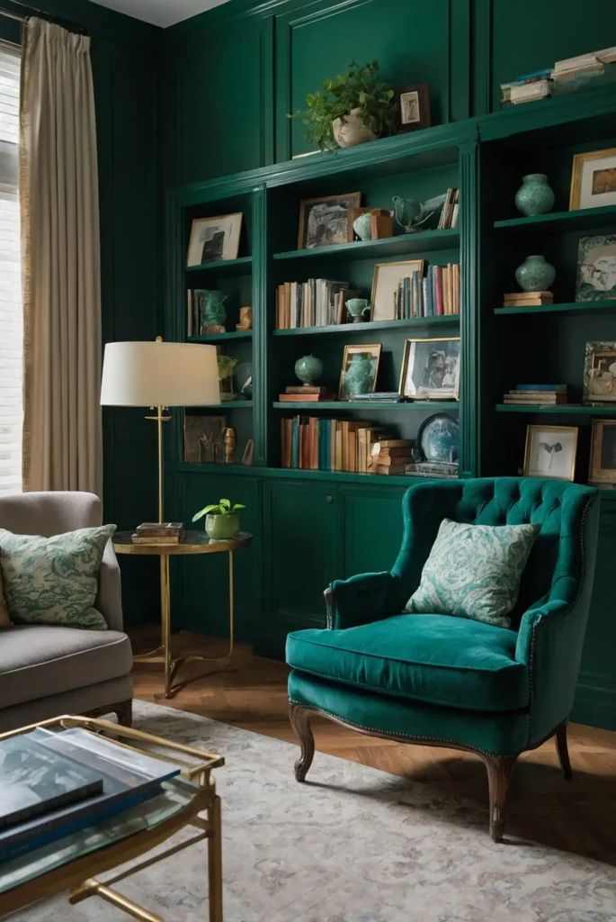 A green forest living room with shelves and wooden floor and lamp on the table 