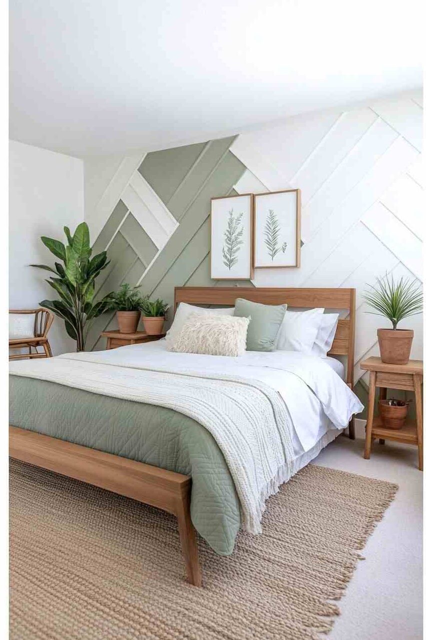 A Geometric pattern boards and battens wooden bed with white blanket and pillow 