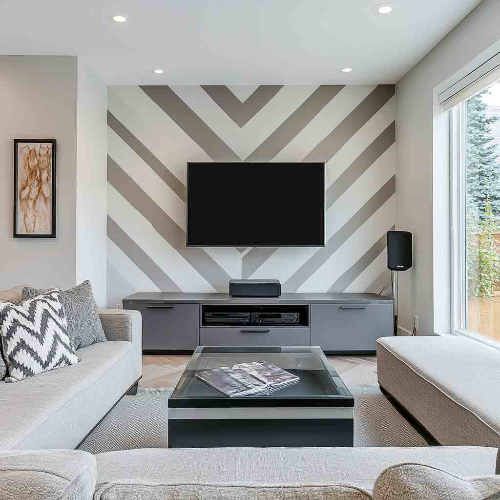 A grey and white geometric wall and grey sofa with cushion  