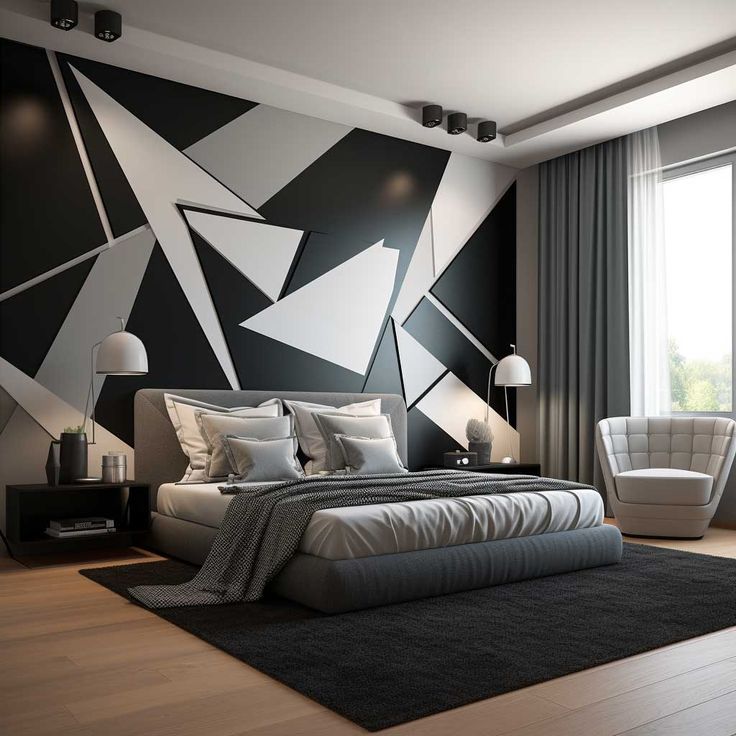 A black and grey geometric patterns in bedroom with chair in the bedroom 