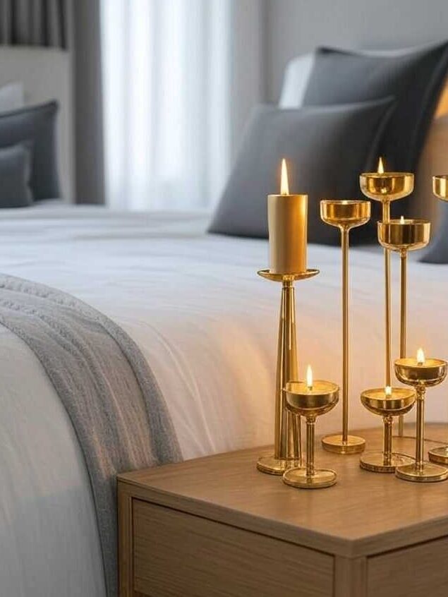 A grey and white bedroom with gold candle holder 