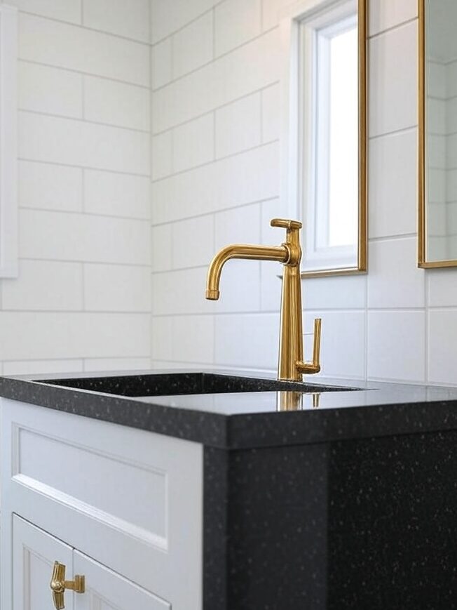 A white bathroom with black sink gold faucet 