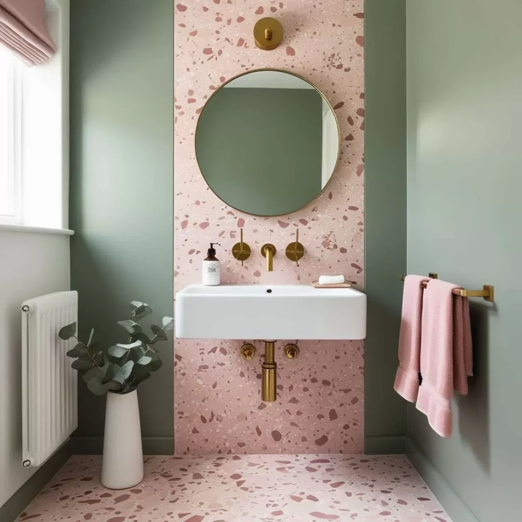 A green and pink and gold faucets and towel