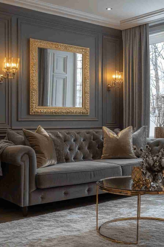 A grey living room with mirror on the wall and light on the wall 