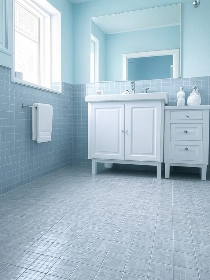 A blue bathroom with grey tiles on floor and vanity 