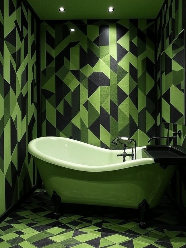A black and green wallpaper and bathtub 