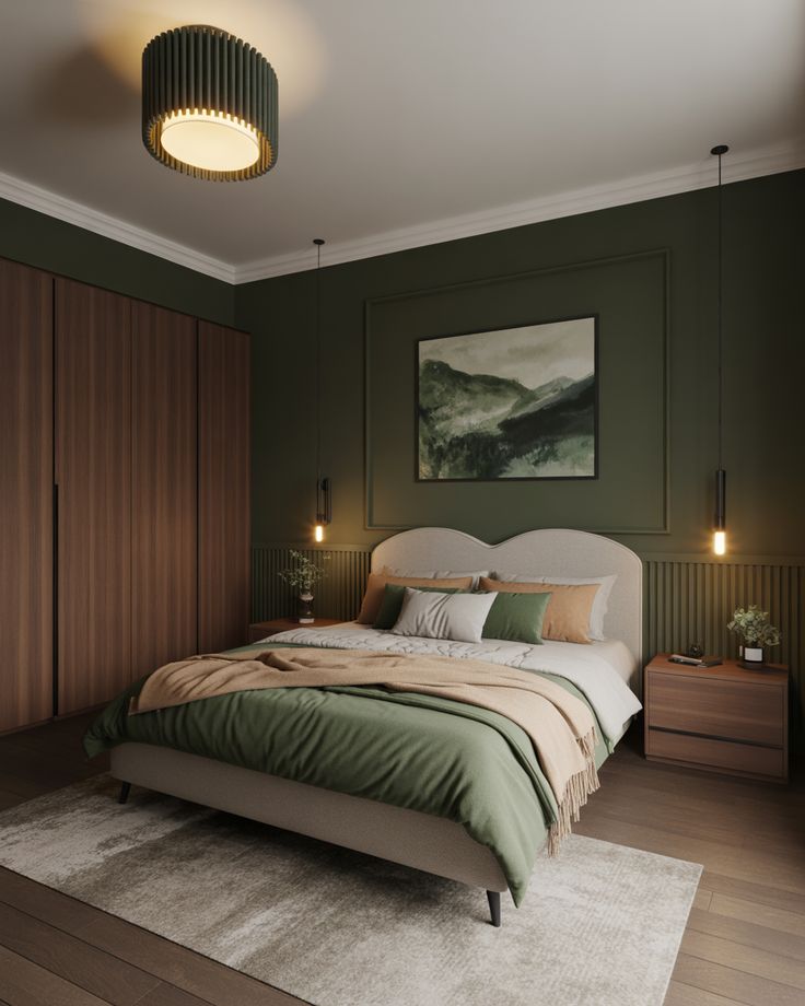 A green and brown bedroom with grey bed and lights above the wall and wooden nightstand and wooden floor and rug on it 