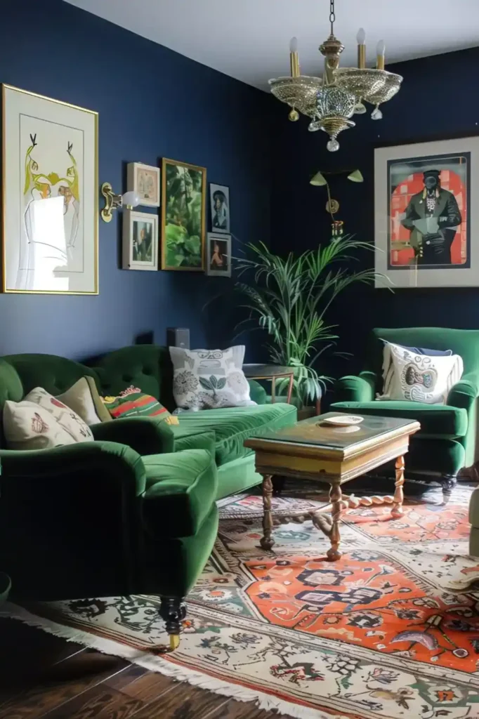 A blue living room with green sofa and plant and rug pn the floor 