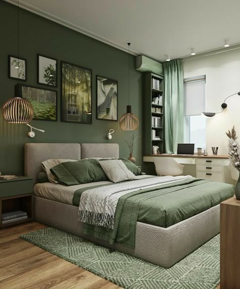 A green bedroom with grey celling and frames on the wall 