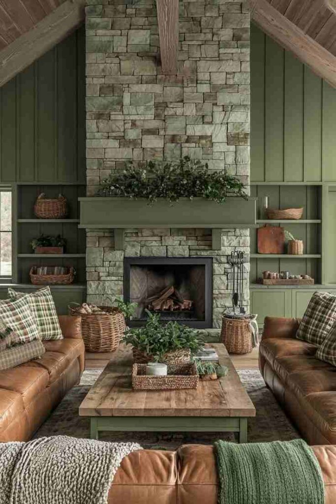 A green living room and grey stone fireplace and wooden floor 