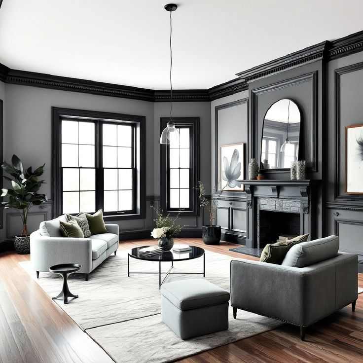 A grey living room with trim and wooden floor and rug on it 