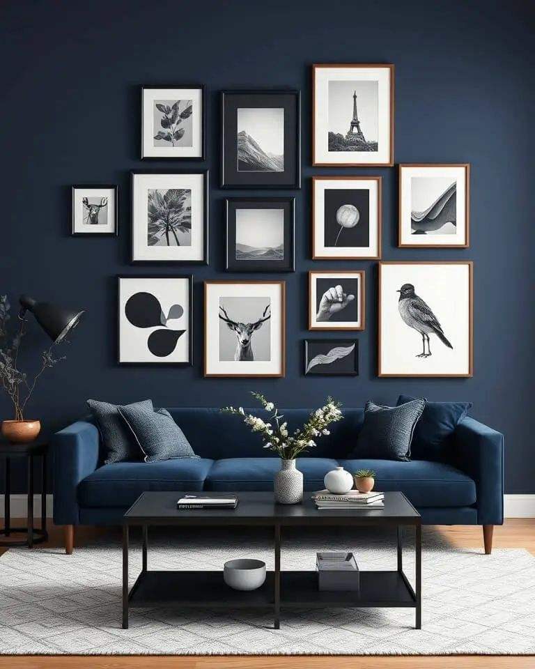 A blue living room with black frames on the wall and wooden floor and rug on it 