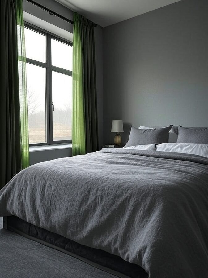 A green sheer curtain with windows in grey bedroom 