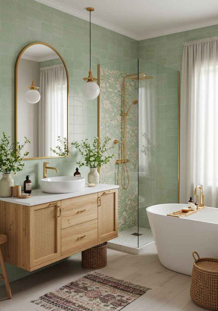 A sage green bathroom with mirror on the wall and white bathtub and wooden vanity 