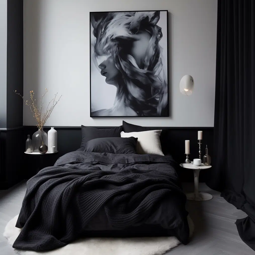 A grey and black bedroom with black accent painting on the wall 
