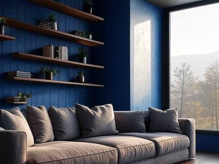 A blue living room with brown floating shelves