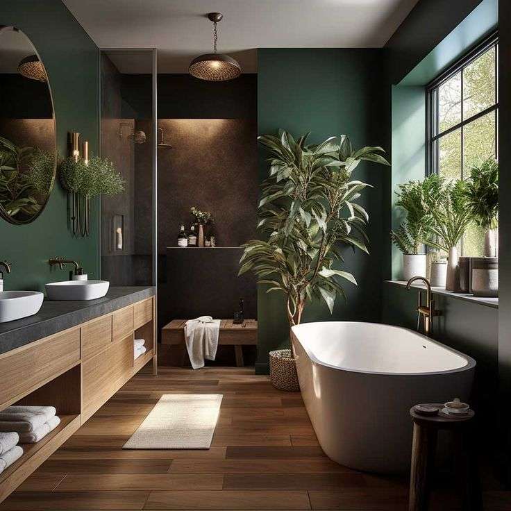 A green bathroom with black wall and wooden floor and white bathtub with glass shower door 