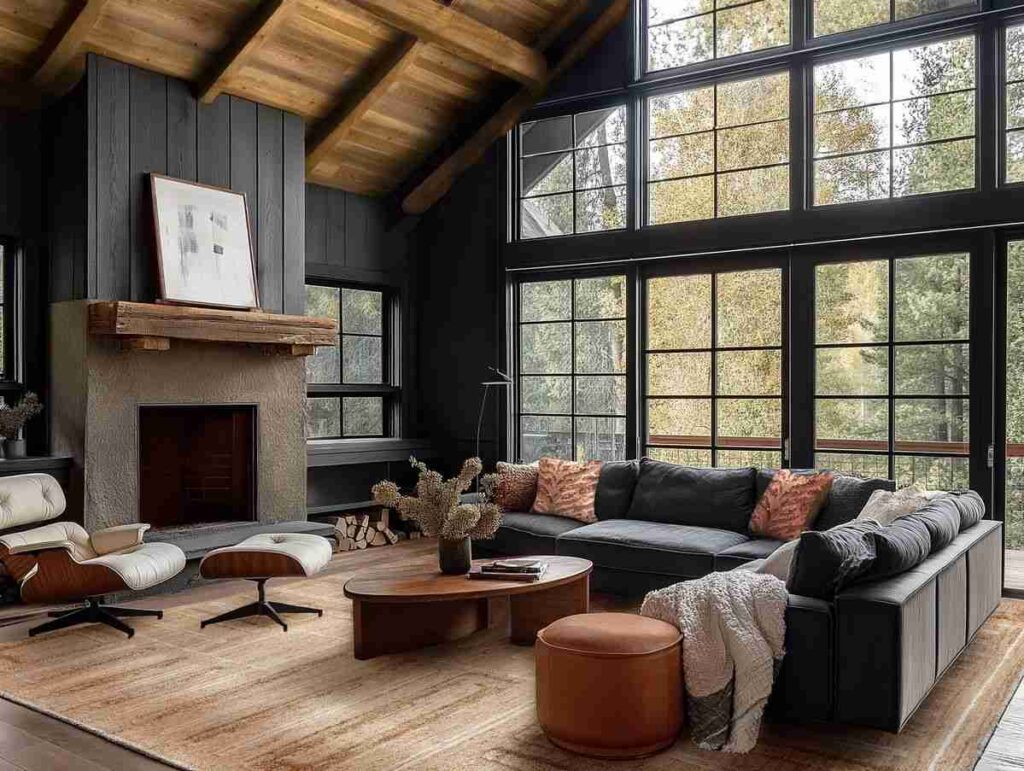 A charcoal living room with black framed glasss window and wooden floor 