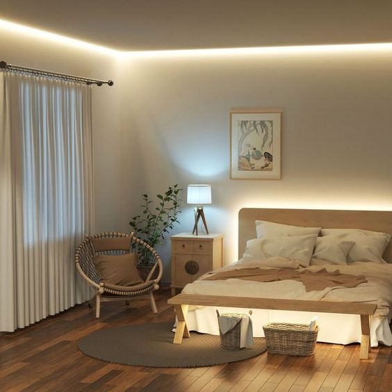 A grey and white bedroom with led light and wooden floor 