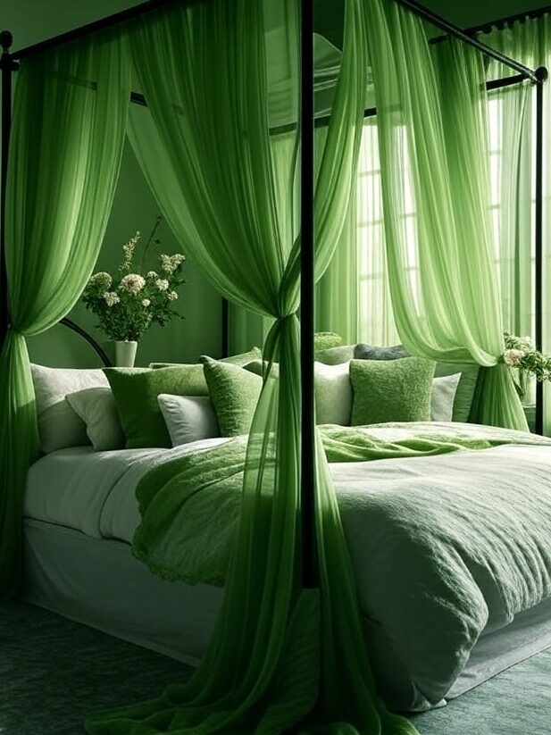 A bedroom with metal bed with curtain and windows 