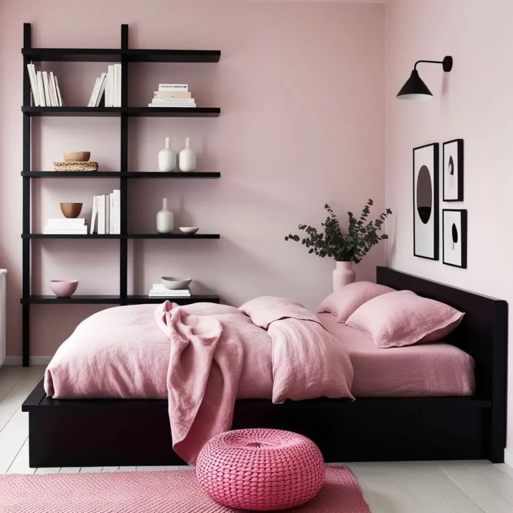 A pink bedroom with lack accents and painting on the wall and pik rug on the floor 
