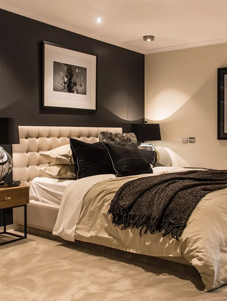 A black bedroom with taupe wall and beige bed 