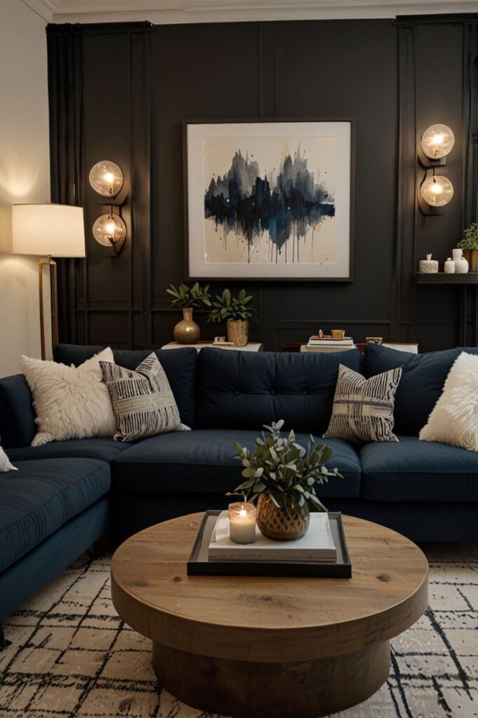 A grey and navy living room with sofa and cushion and painting on the wall 